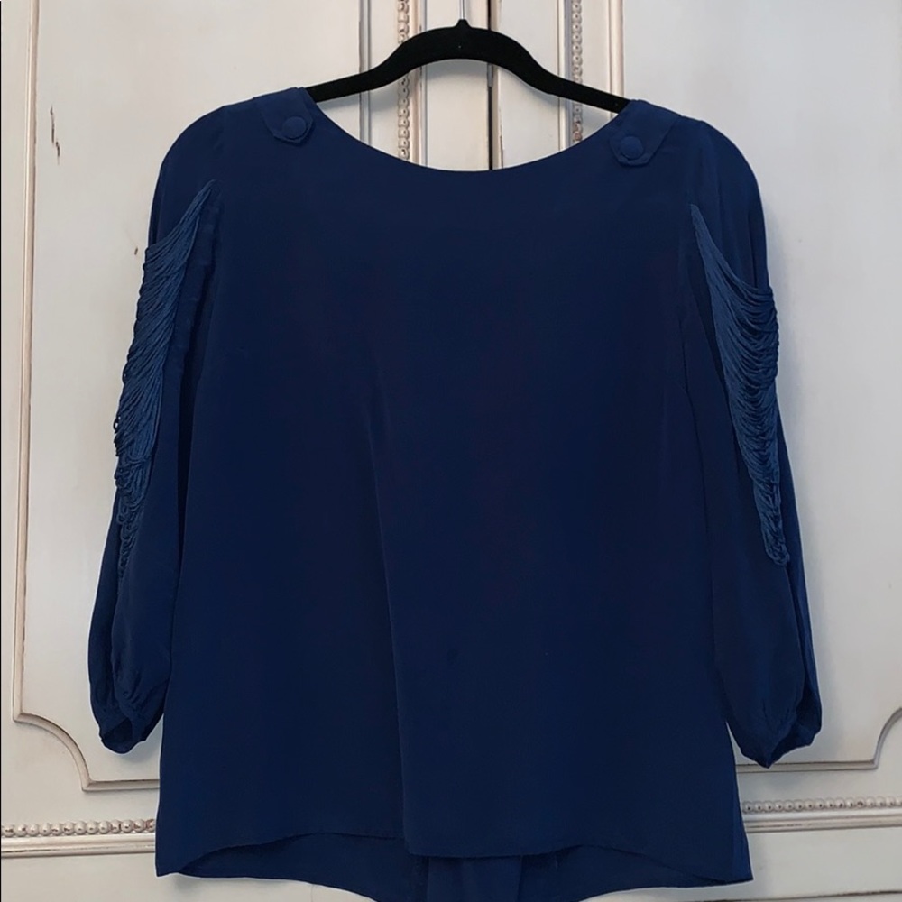 Navy blue silk top with fringes